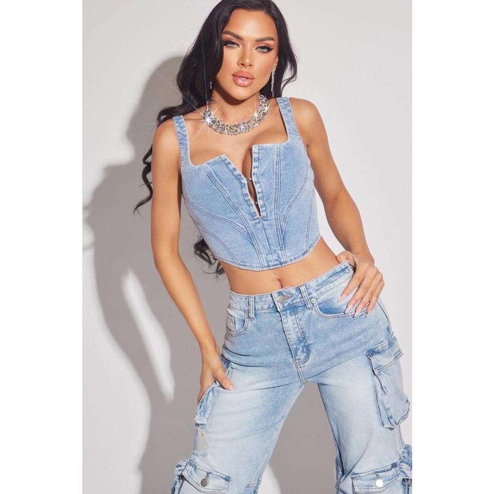 Light Wash Denim Corset Crop by WFFS